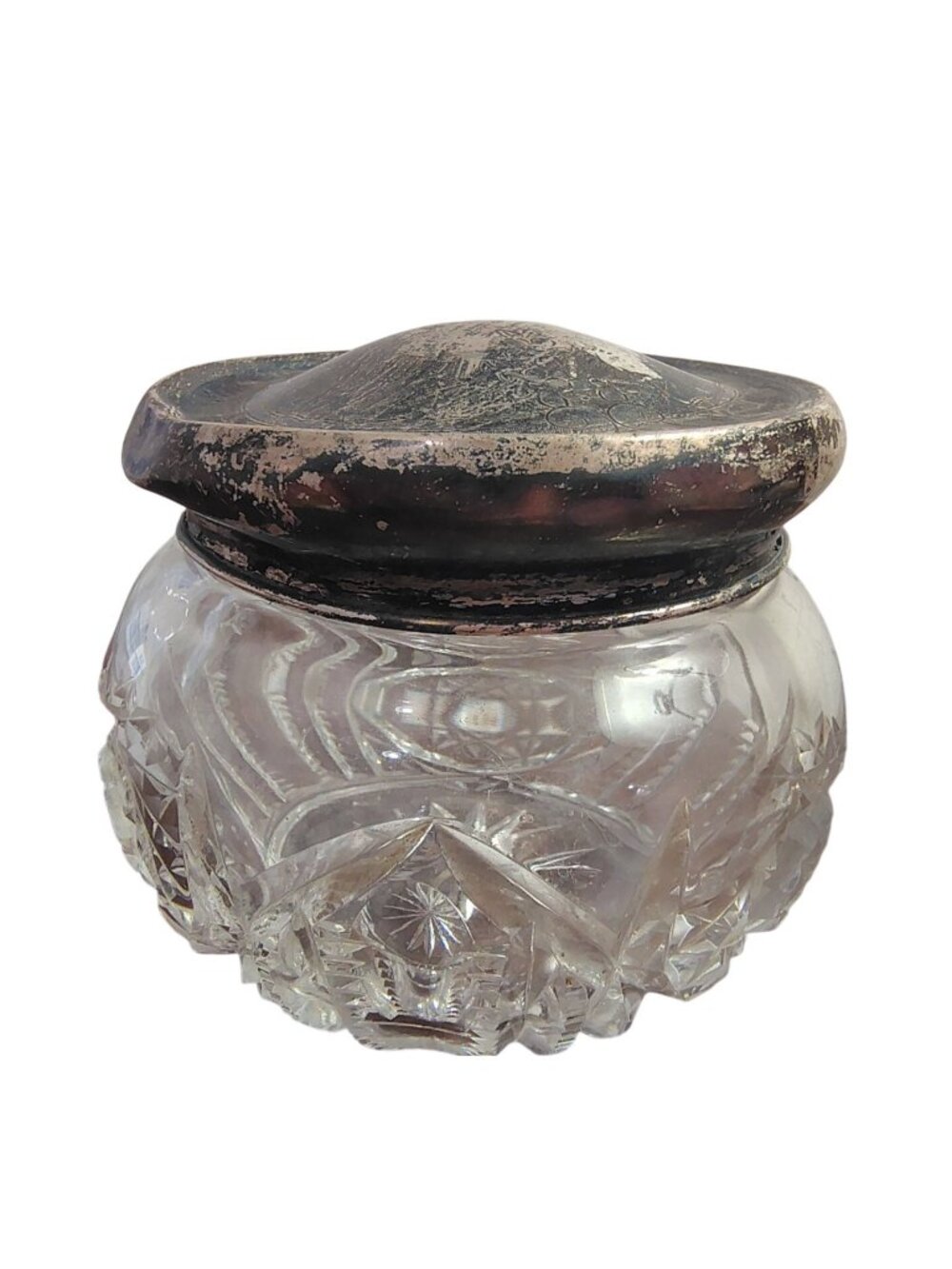 Antique Cut Crystal Dresser Powder Trinket Jar Silver Engraved Lid Romantic READ